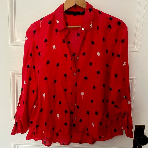Zara red blouse with palm trees - Picture 1 of 3